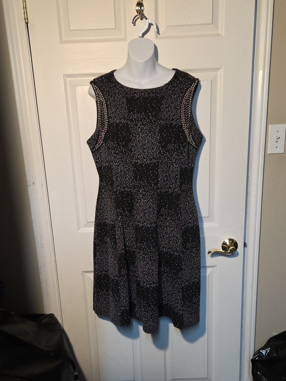 Linea Domani Sleeveless Black Speckled A-line Dress Silver Beaded Accents Sz 12
